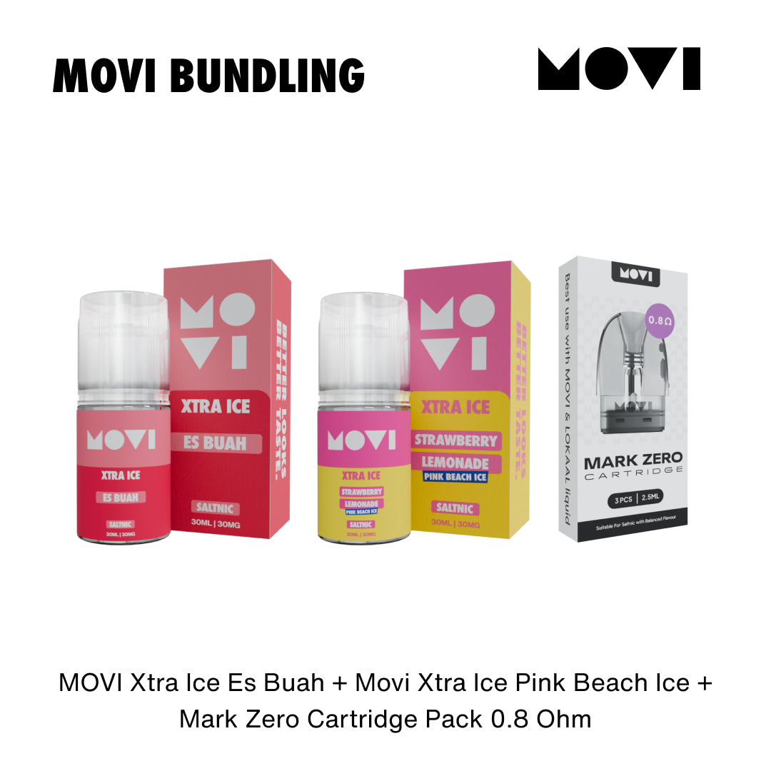 BUNDLING LIQUID MOVI SALTNIC ES BUAH 30ML x PINK BEACH ICE 30ML + CARTRIDGE MARK ZERO 0,8 1 PACK