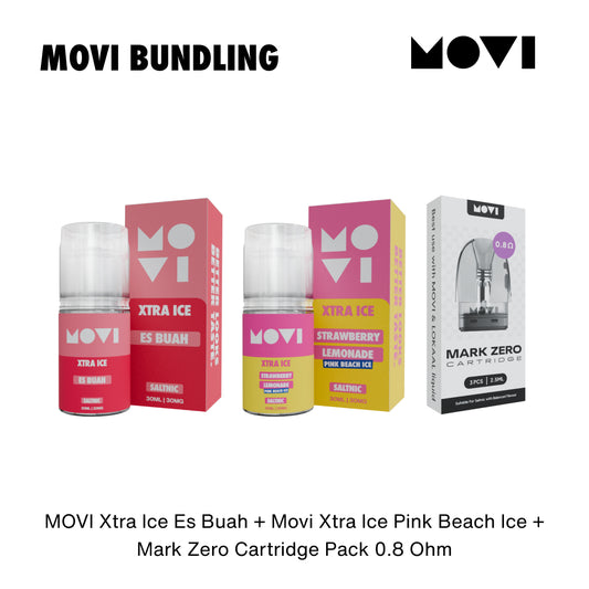BUNDLING LIQUID MOVI SALTNIC ES BUAH 30ML x PINK BEACH ICE 30ML + CARTRIDGE MARK ZERO 0,8 1 PACK