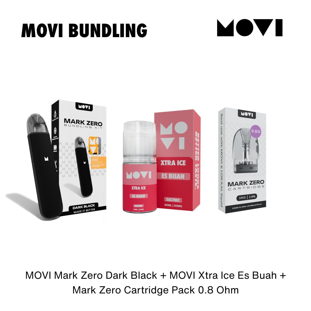 BUNDLING POD MARK ZERO KIT DARK BLACK x LIQUID MOVI SALTNIC ES BUAH 30MG 30ML + CT MARK ZERO 0,8 1 PACK