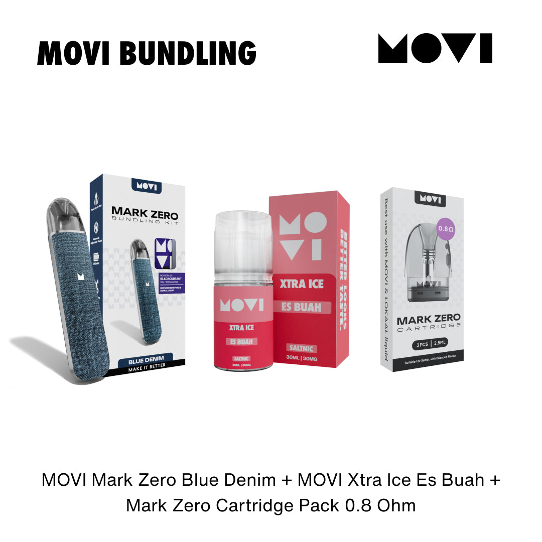 BUNDLING POD MARK ZERO KIT BLUE DENIM x LIQUID MOVI SALTNIC ES BUAH 30MG 30ML + CT MARK ZERO 0,8 1 PACK