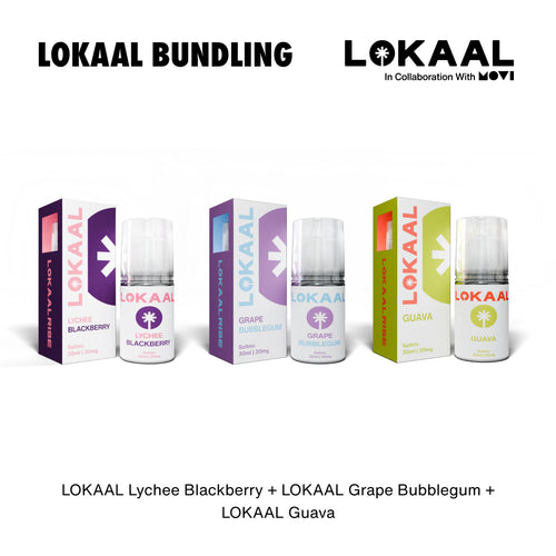 BUNDLING LIQUID LOKAAL SALTNIC LYCHEE BLACKBERRY 30ML x GRAPE BUBBLEGUM 30ML x GUAVA 30ML