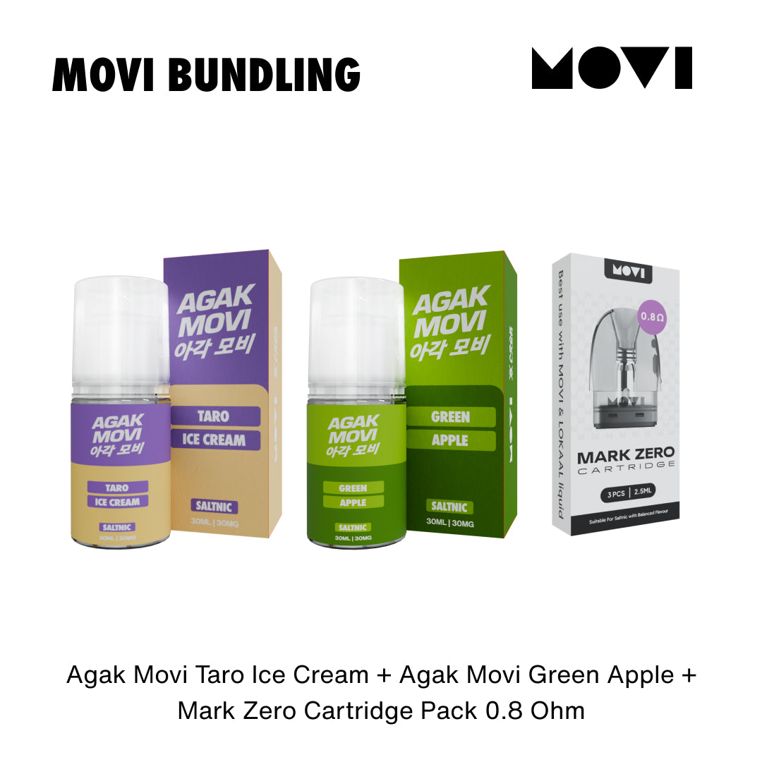 BUNDLING LIQUID MOVI SALTNIC AGAK LAEN TARO ICE CREAM 30ML x GREEN APPLE 30ML + CARTRIDGE MARK ZERO 0,8 1 PACK